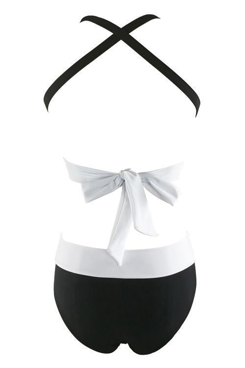Black White Padded Tied Cross Back Two Tone High Waisted Two Piece Swimsuit