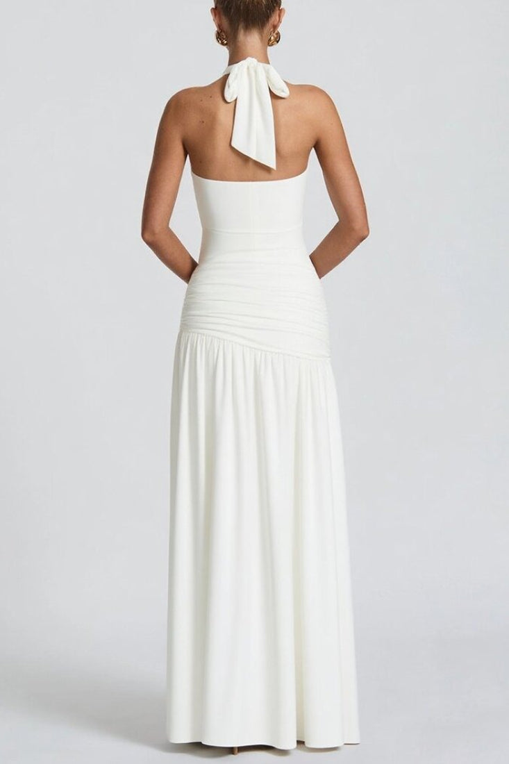 Halter Plunging Neckline Ruched Hip Seashell Brooch High Slit Maxi Dress 3
