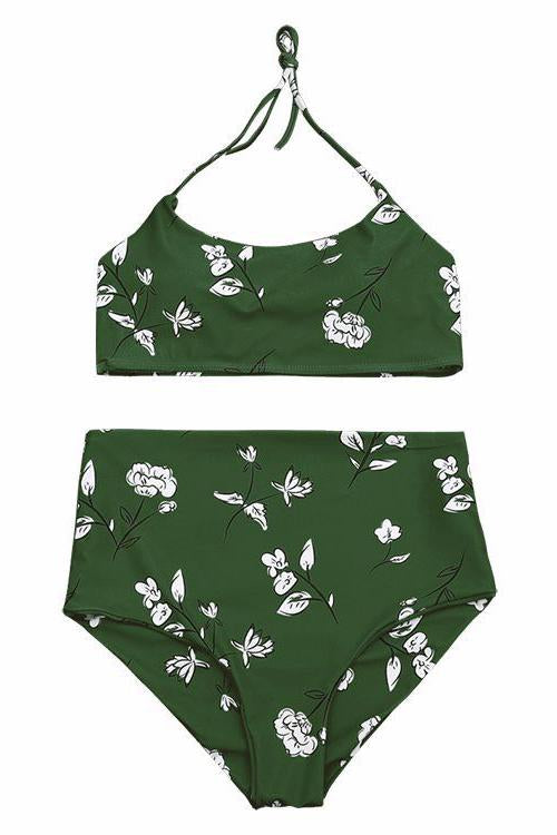 Green Slimming Control Floral Print Halter High Waisted Sexy Bikini Swimsuit
