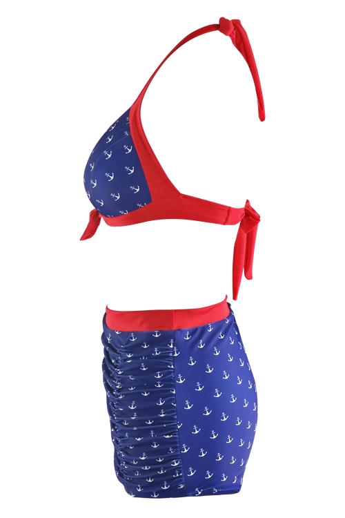 Blue Red Print Two Tone Padded Halter High Waisted Ruched Retro Bikini Swimsuit