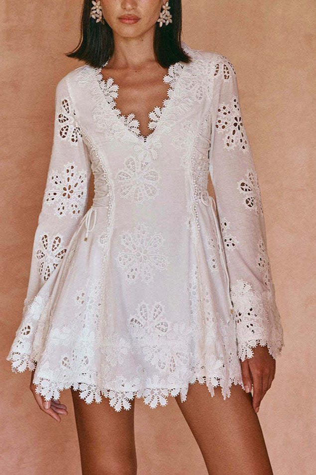 Floral Eyelet Scalloped Lace Deep V Tie Waist Bell Cuff Mini Dress