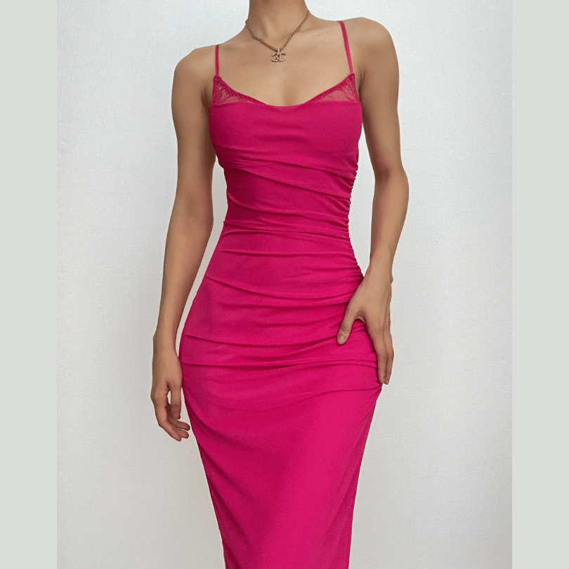 Scoop Neck Lace Trim Ruched Spaghetti Strap Midi Dress
