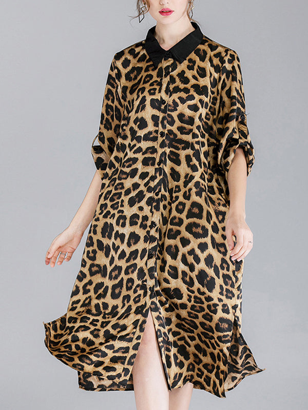 Contrasting Lapel Spotted Print Button Front High Slit Midi Shirt Dress 3