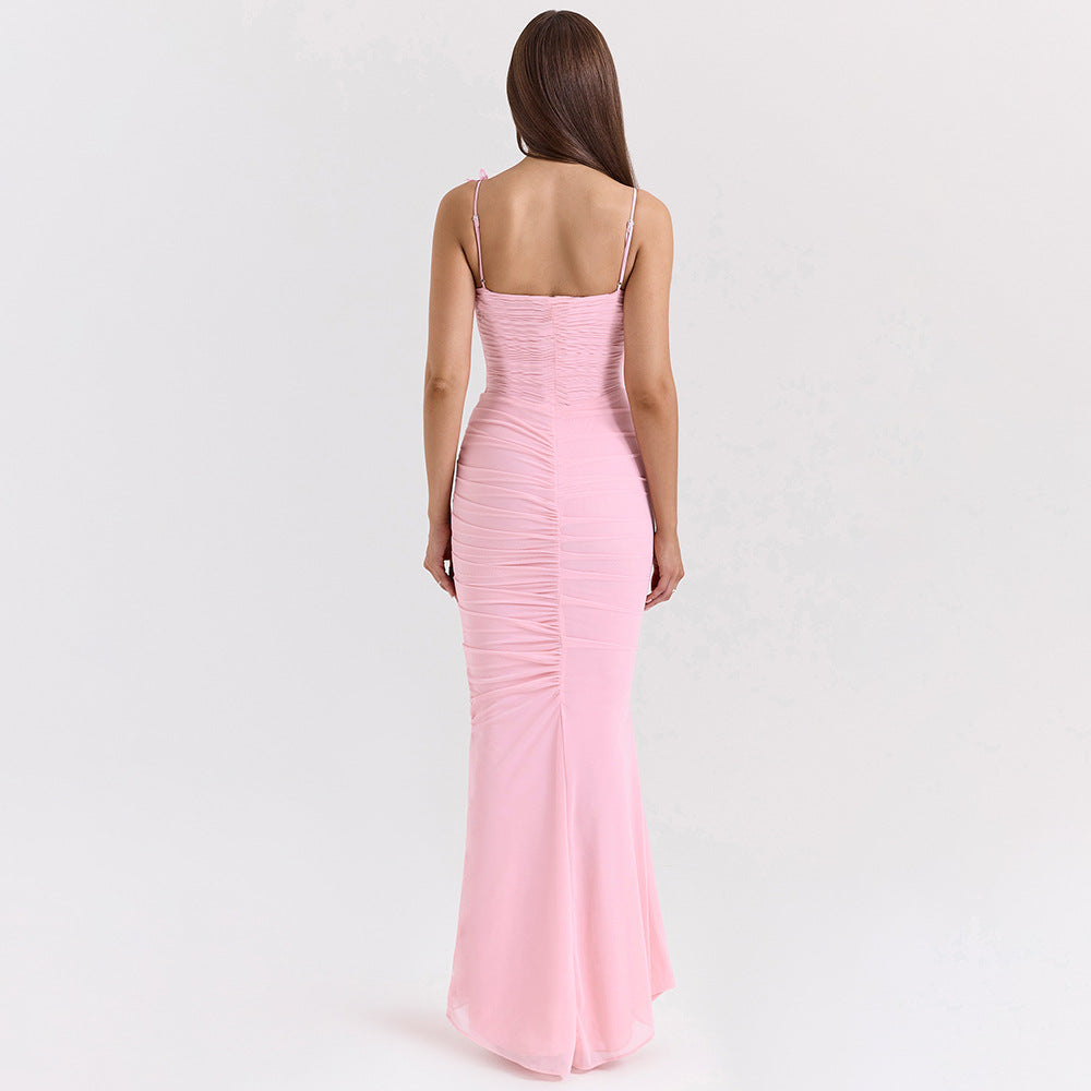Spaghetti Strap Butterfly Applique Corset Boned Ruched Mermaid Maxi Dress 3