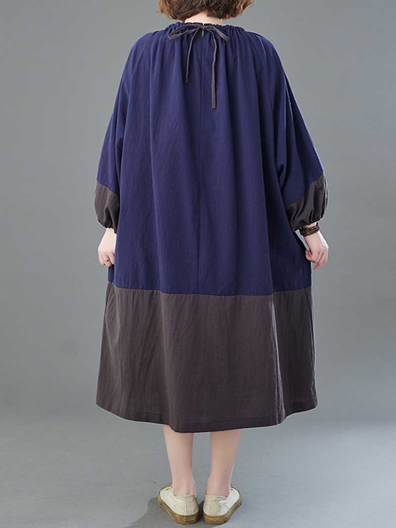 Gathered Neck Colorblock Lantern Sleeve Midi Dress 2