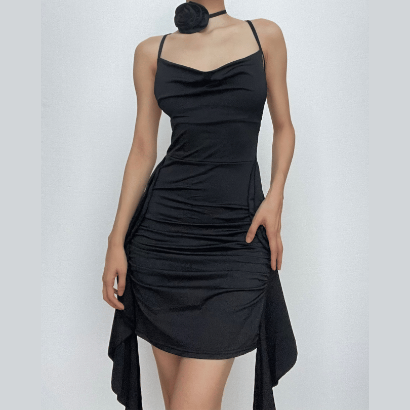 Cowl Neck Spaghetti Strap Ruched Side Drape Flower Choker Mini Dress