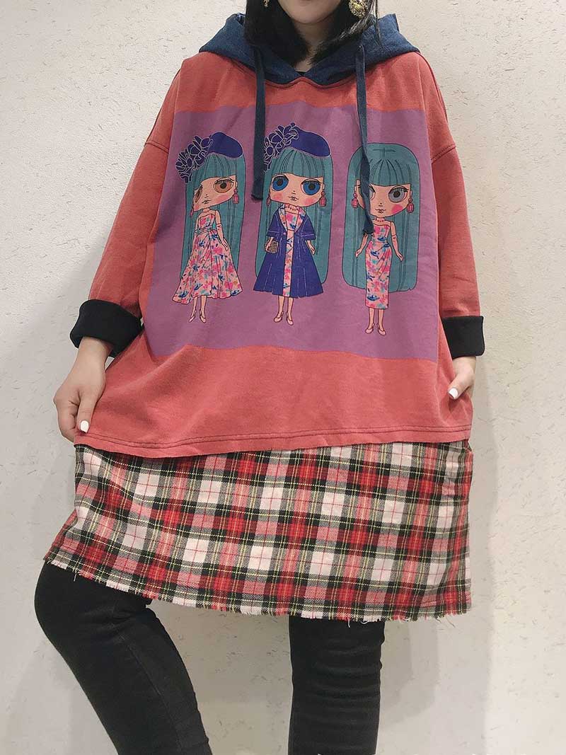 Hooded Doll Print Sweatshirt Midi Dress 3