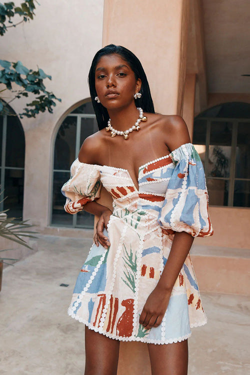 Off Shoulder Print Bishop Sleeve Wrap Waist Mini Dress 5