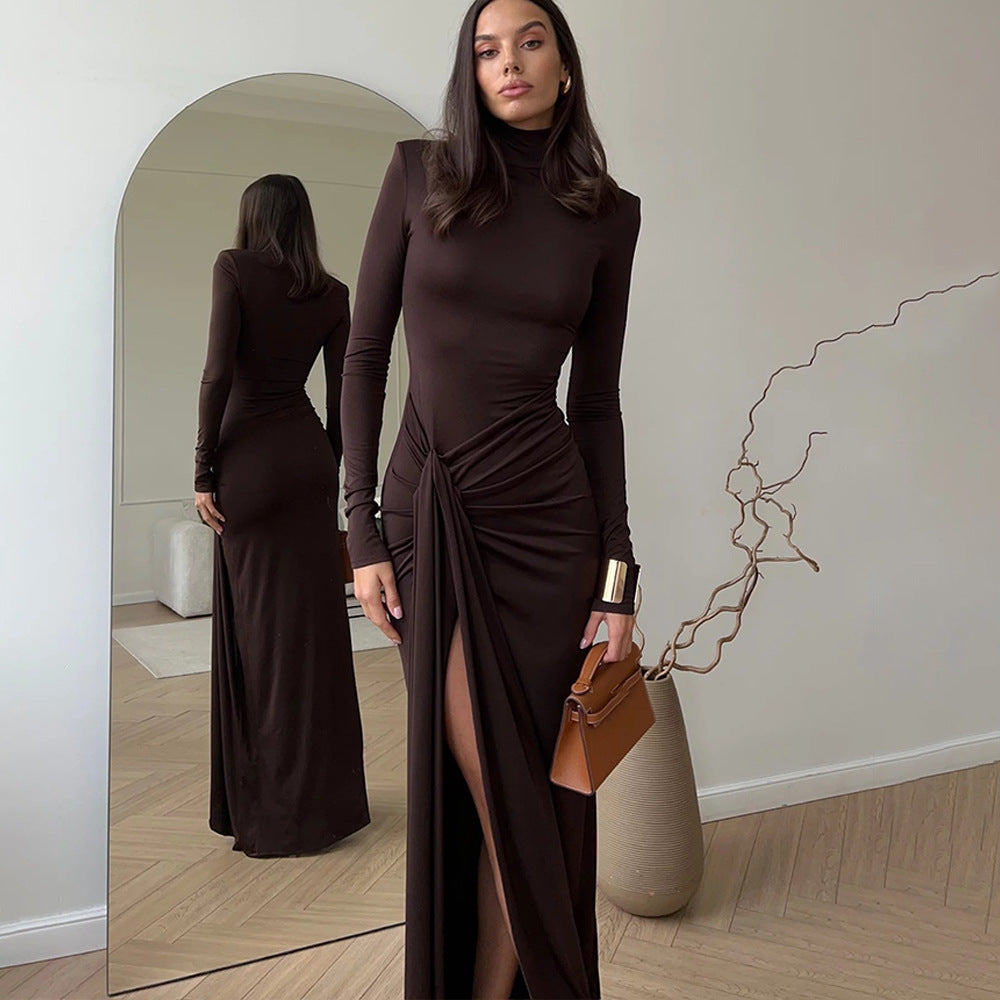 Turtleneck Long Sleeve Twisted Waist Knot High Slit Bodycon Maxi Dress 3