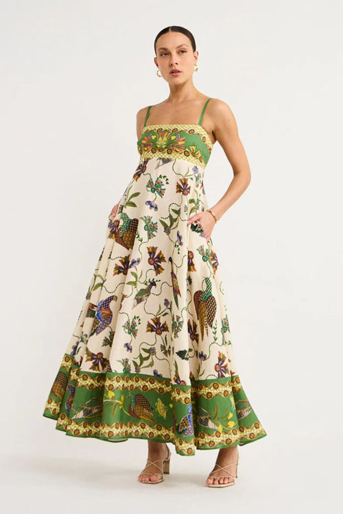 Spaghetti Strap Empire Waist Bird Botanical Border Print Pocket Maxi Dress 5