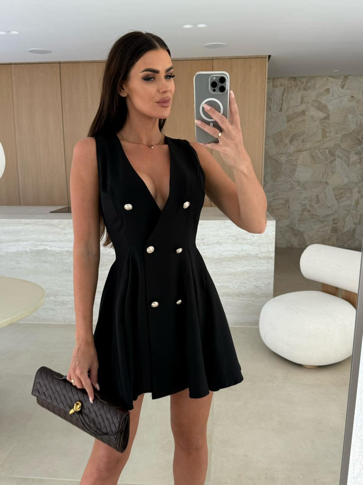Deep V Neck Sleeveless Double Breasted Blazer Flared Skater Mini Dress 3