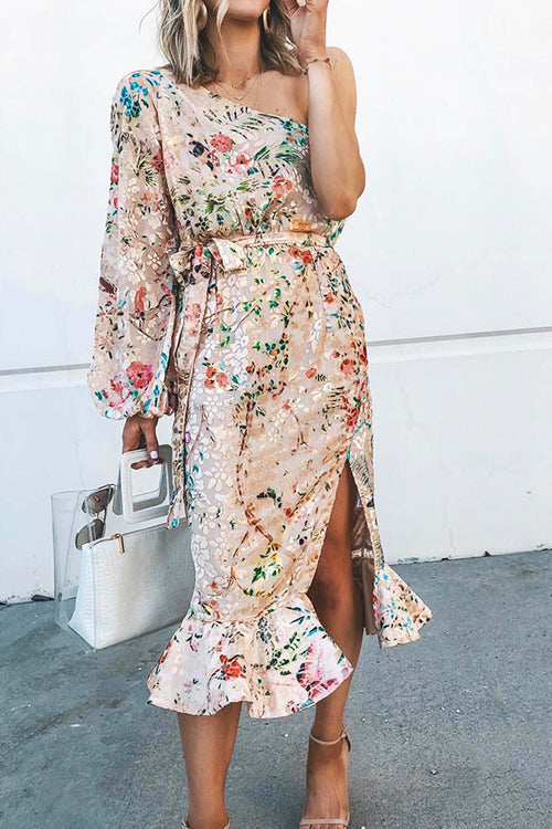 One Shoulder Bishop Sleeve Tie Waist Wrap Slit Floral Print Midi Dress 2