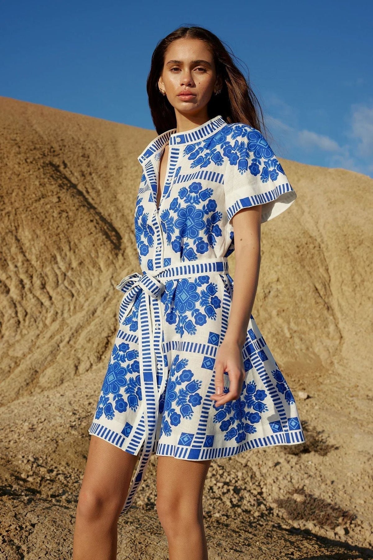 Mandarin Collar Short Sleeve Tie Waist Folk Floral Geometric Print Shirt Mini Dress 3