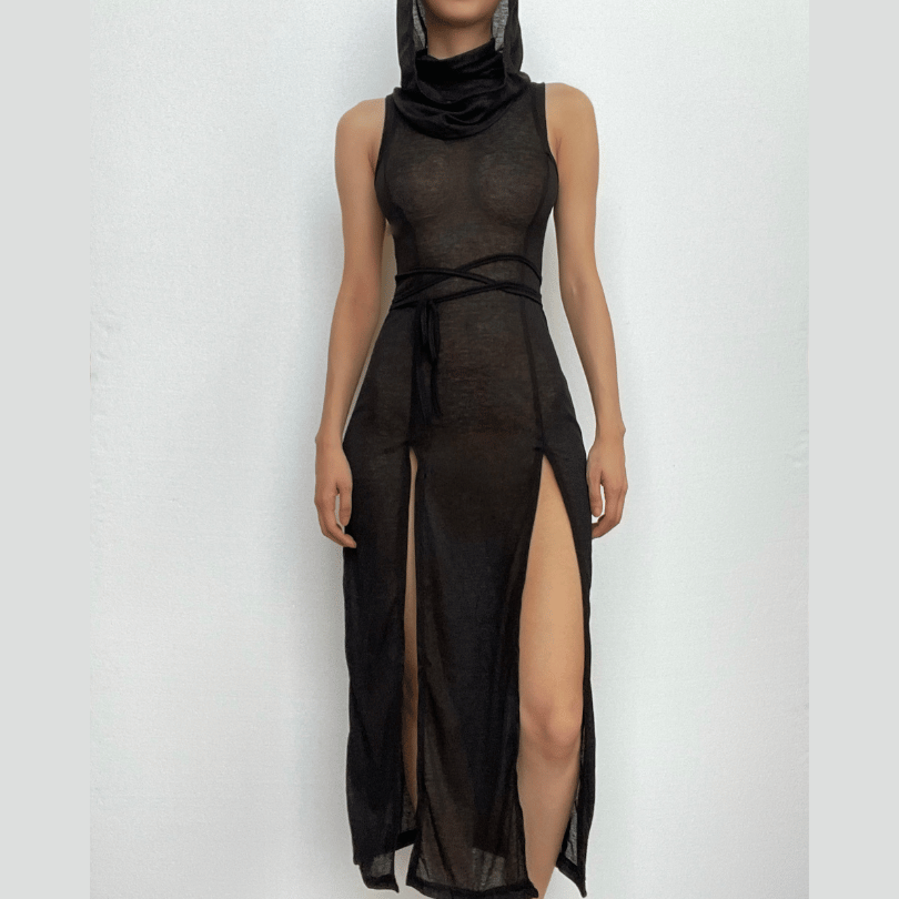 Cowl Neck Tie Waist Double Slit Sleeveless Maxi Dress 9