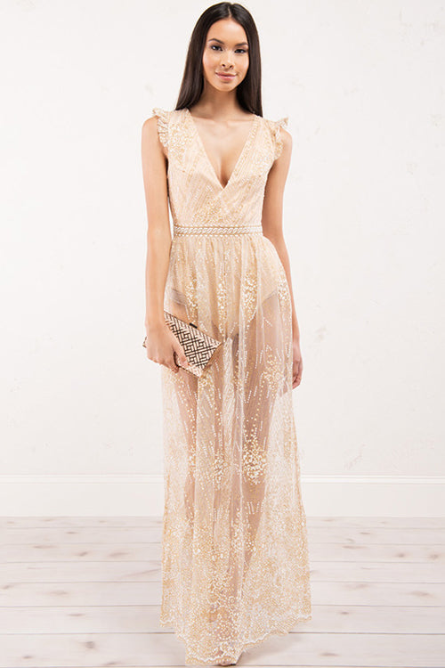 Deep V Neck Ruffle Strap Beaded Belt Sheer Embroidered Sequin Maxi Gown 2