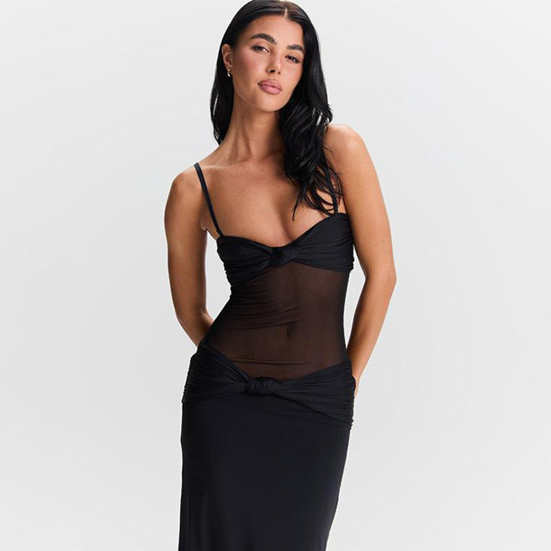 Halter Deep V Ruched Bodice Center Panel Drape Maxi Gown 3