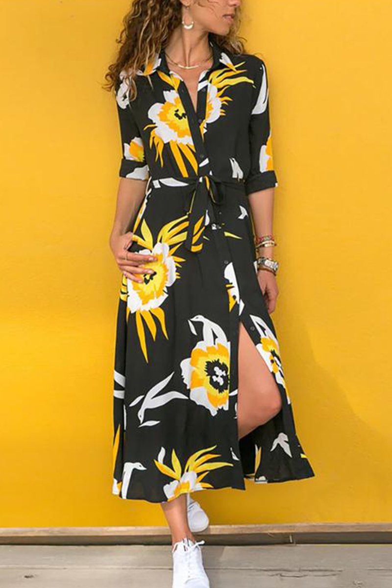 Tropical Botanical Print Collared Button-Front Tie-Waist Maxi Shirt Dress 3