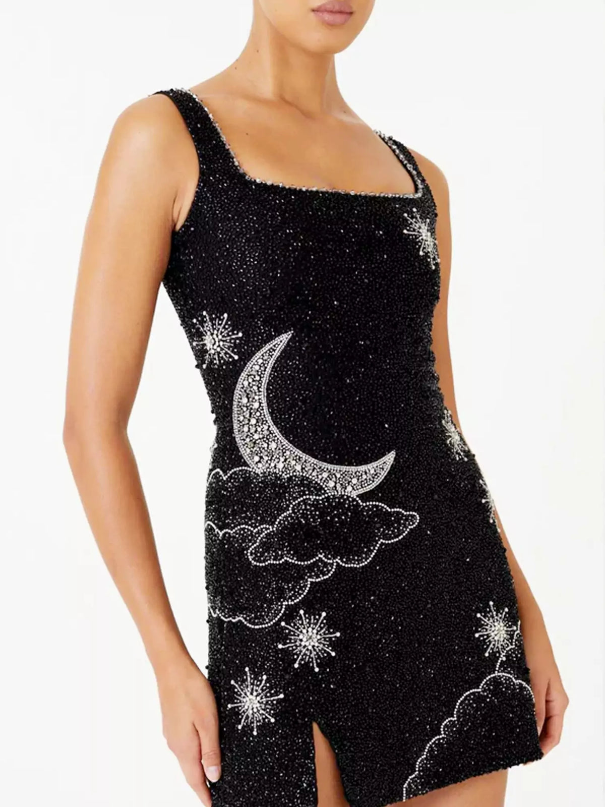 Beaded Rhinestone Moon Star Print Square Neck Tank Mini Dress