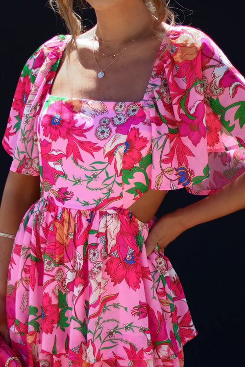 Square Neck Flutter Sleeve Waist Cutout Tiered Ruffle Floral Midi Dress 3