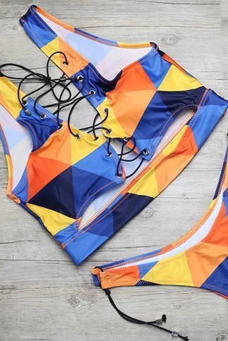 Yellow Blue Strappy Color Block Side Tie High Cut Cheeky Two Piece Swimsuit