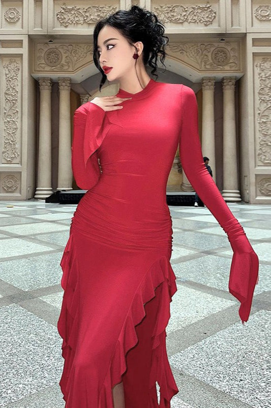 Crew Neck Ruched Long Sleeve Integrated Glove High Slit Ruffle Trim Maxi Dress 6