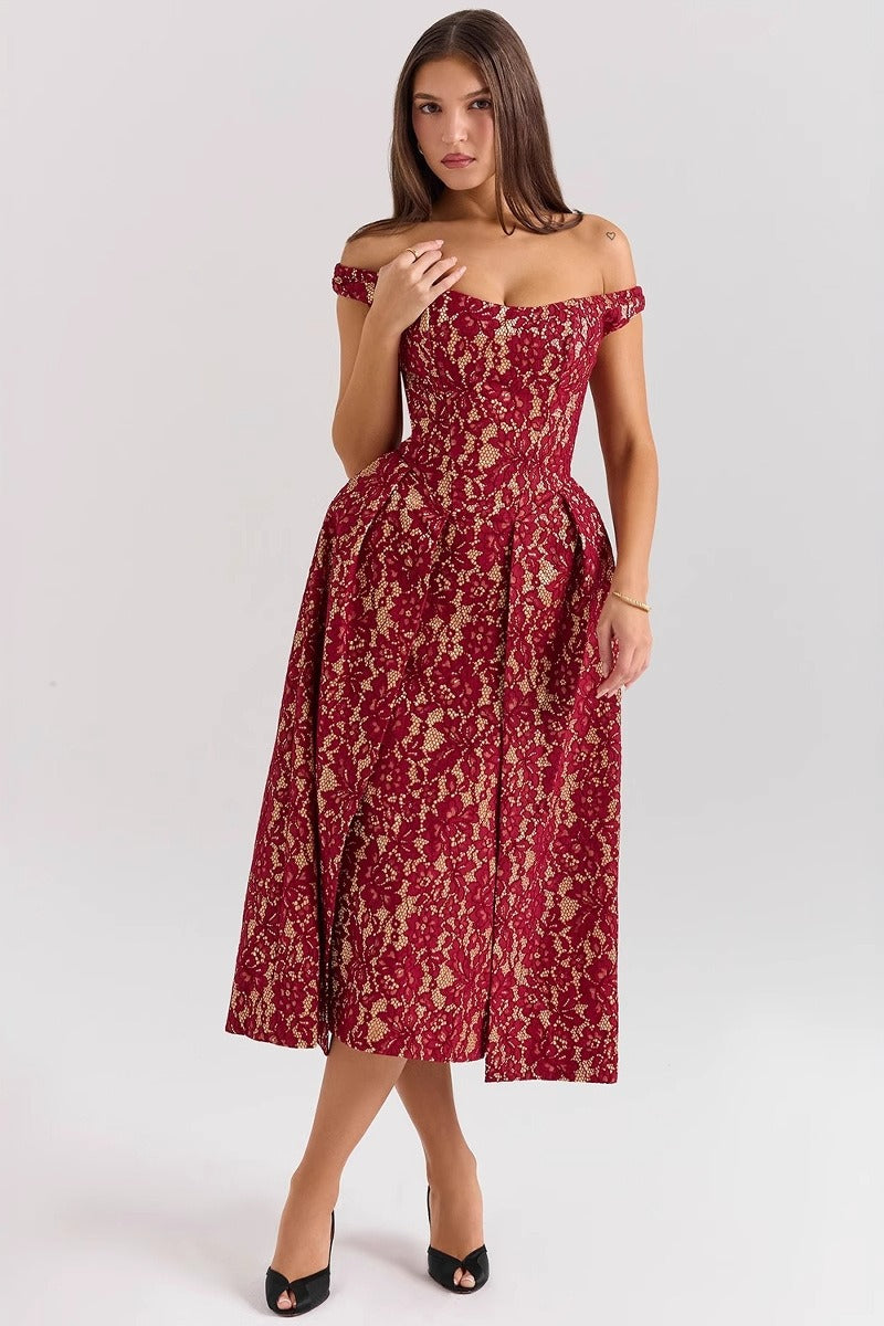 Floral Lace Off Shoulder Corset Bodice Pleated Fit and Flare Mini Dress 4