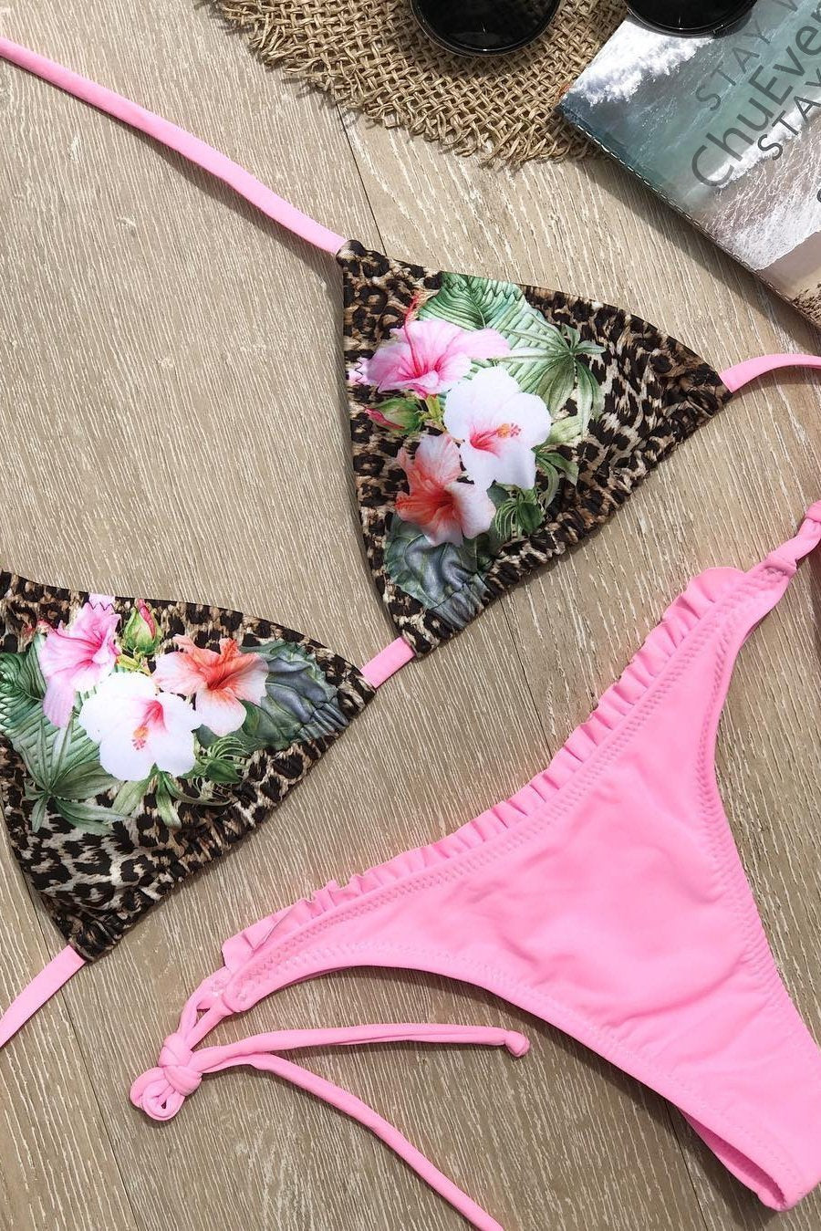 Pink Leopard Floral Print Triangle String Thong Sexy Bikini Bathing Suit