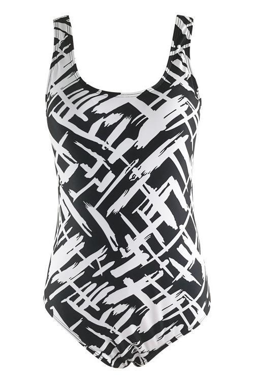 Black White Scoop Neck Stripe Print Backless Modest One Piece Swimsuit