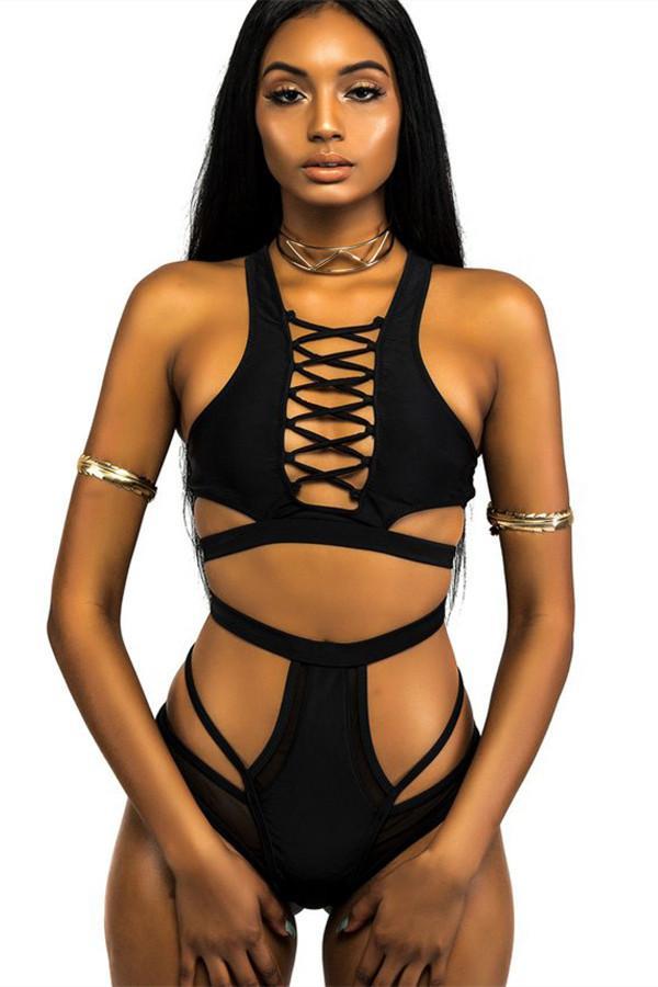 Black strappy Caged Cutout High Waisted Sexy Two Piece Swimsuit