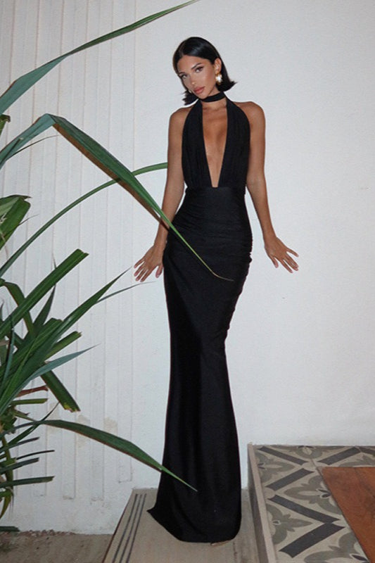 Halter Neck Deep V Ruched High Slit Maxi Dress 3