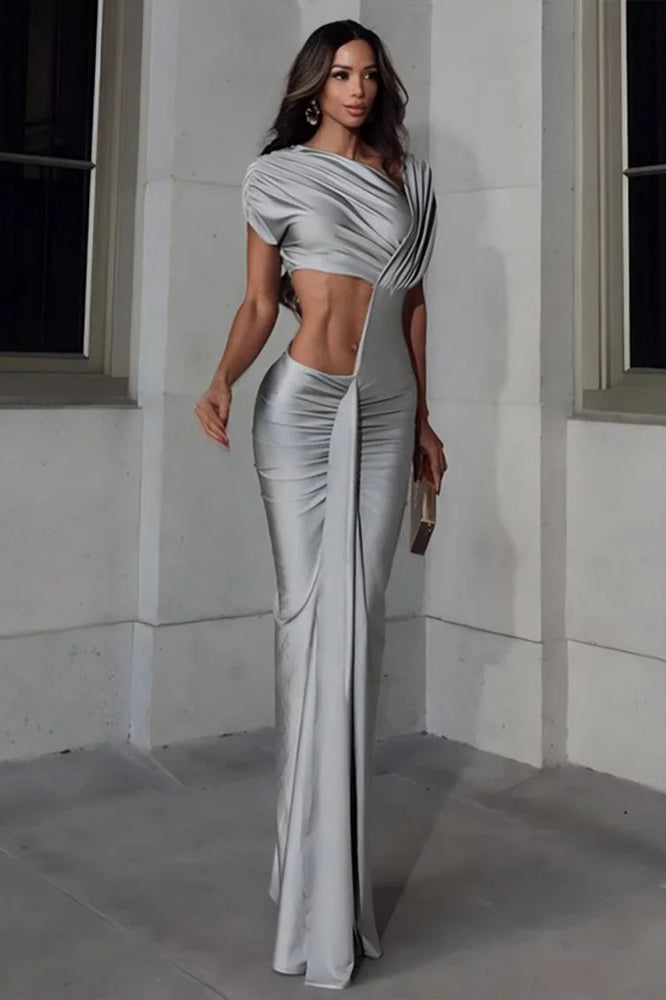 One Shoulder Ruched Cap Sleeve Asymmetric Waist Cut Out Drape Panel Satin Maxi Gown