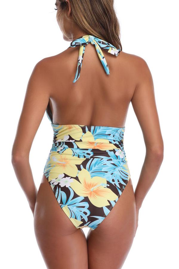 Flower &amp; Leaf Print Ruched Halter One Piece Swimsuit