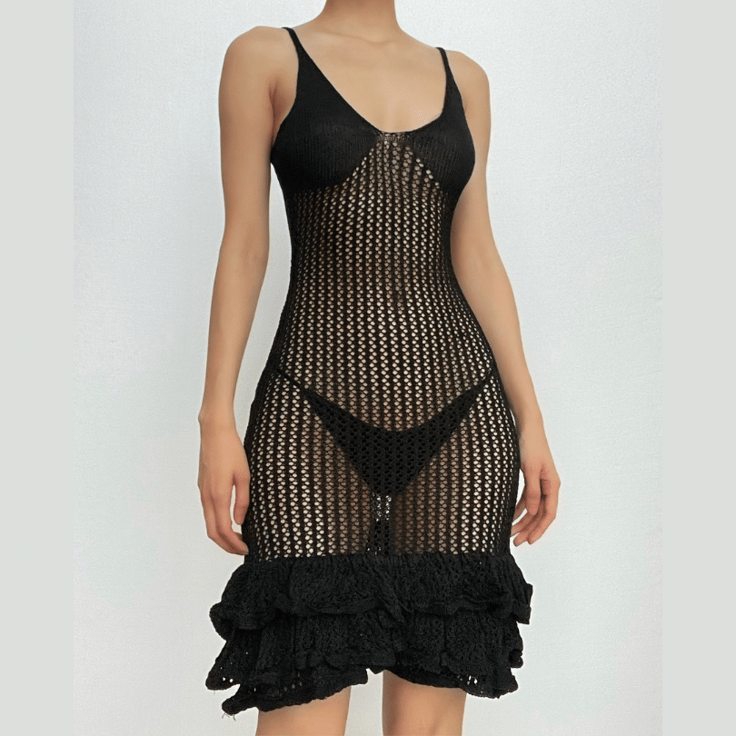Spaghetti Strap V-Neck Crochet Pointelle Ruffle Lettuce Hem Mini Dress 16