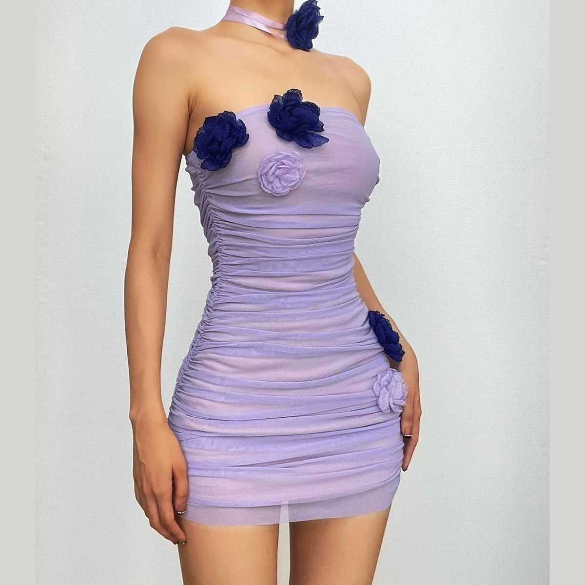 Strapless Mesh Flower Applique Ruched Mini Dress