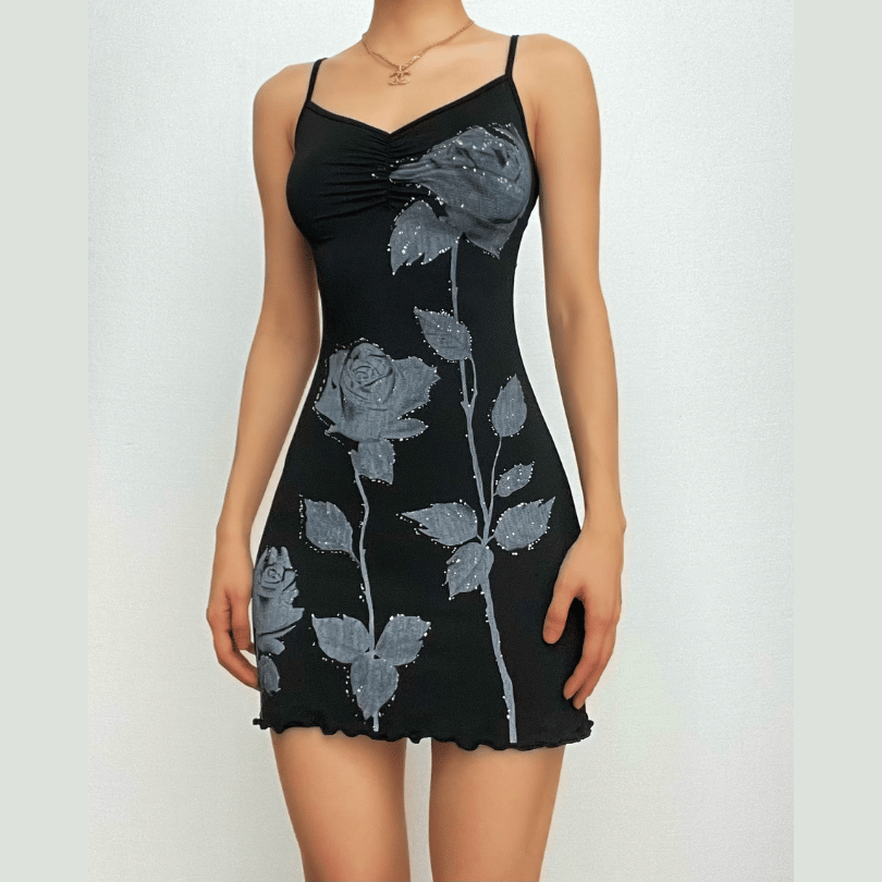 Print Ruched V Neck Spaghetti Strap Lettuce Hem Mini Dress