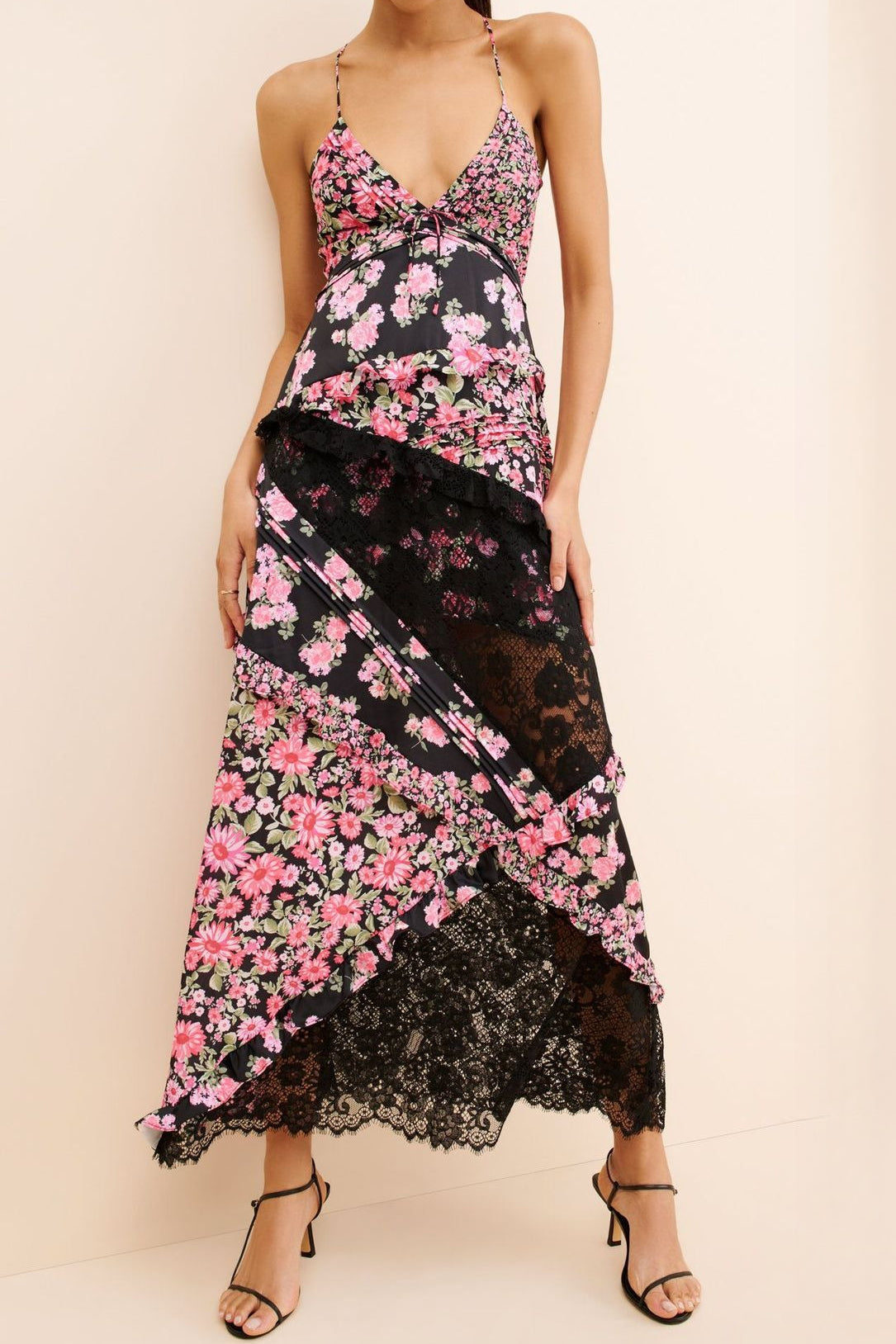 Deep V Neck Tie Front Patchwork Floral Lace Tiered Maxi Dress 14