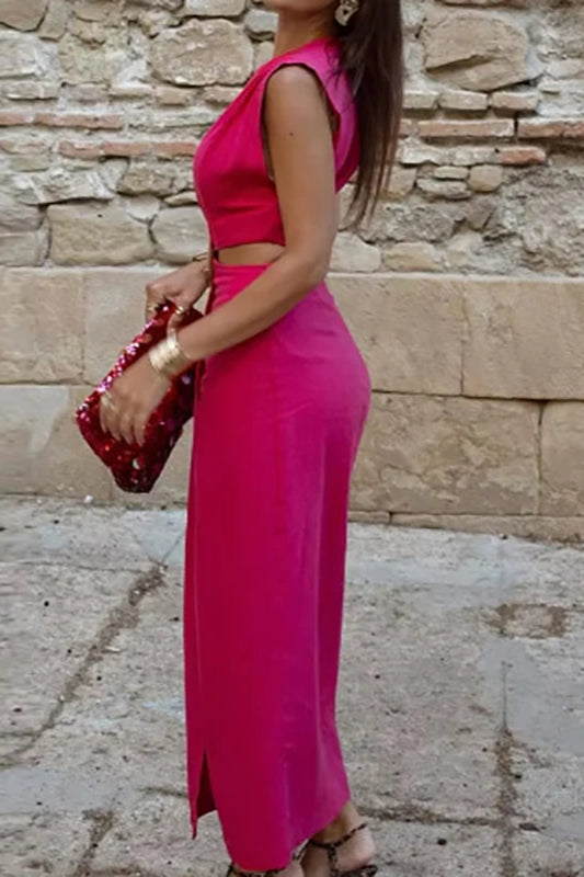 Ring Detail Waist Cutout Split Hem A-Line Midi Dress 4