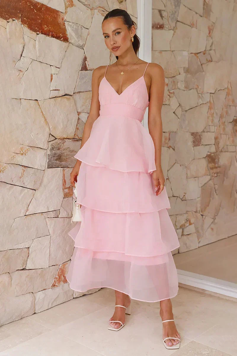 Deep V-Neck Spaghetti Strap Tiered Ruffle Organza Midi Dress