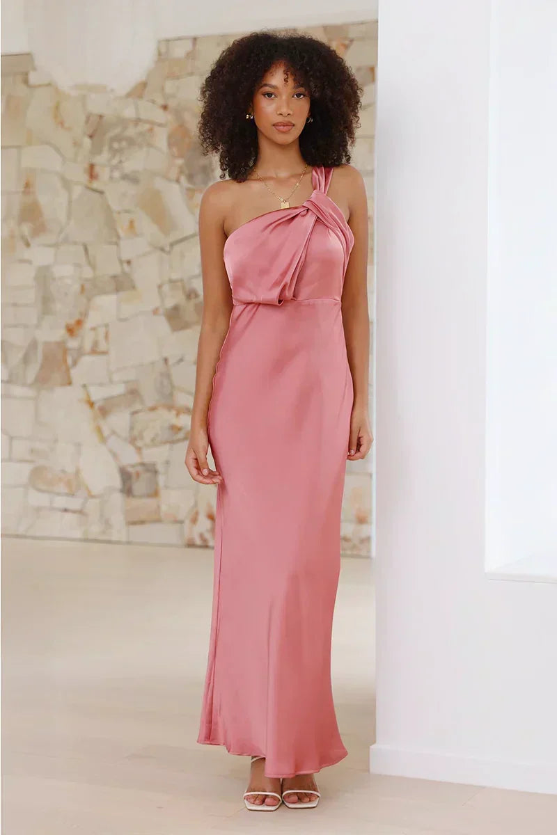 Satin One Shoulder Column Floor Length Maxi Dress 4