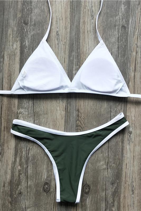 Army Green Triangle Contrast Trim High Cut Brazilian Bikini Swimsuit