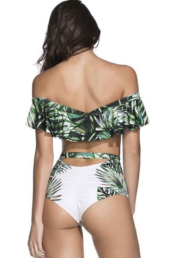 Dark Green Off Shoulder Tropical Leaf Print Ruffled Cutout Push Up Sexy One Piece Swimsuit