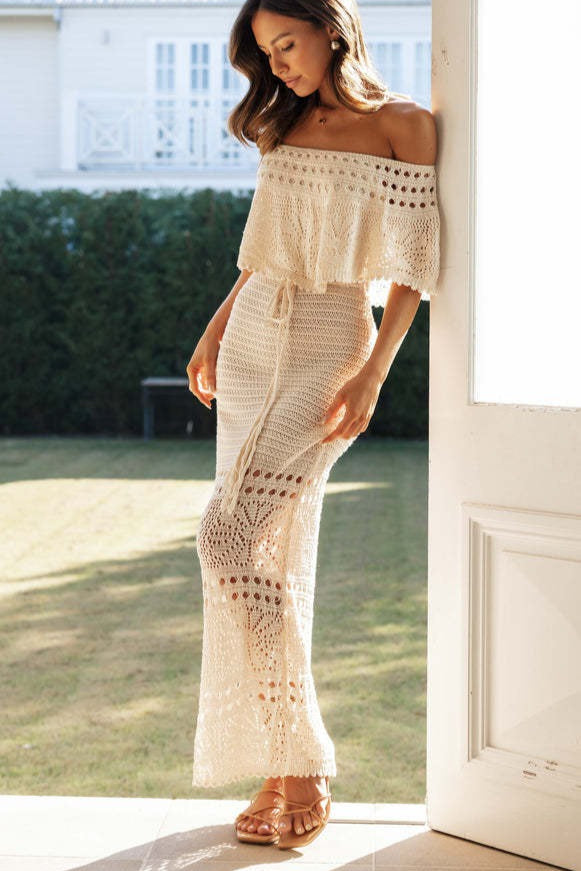 Crochet Off Shoulder Ruffle Flounce Drawstring Waist Knit Maxi Dress 4