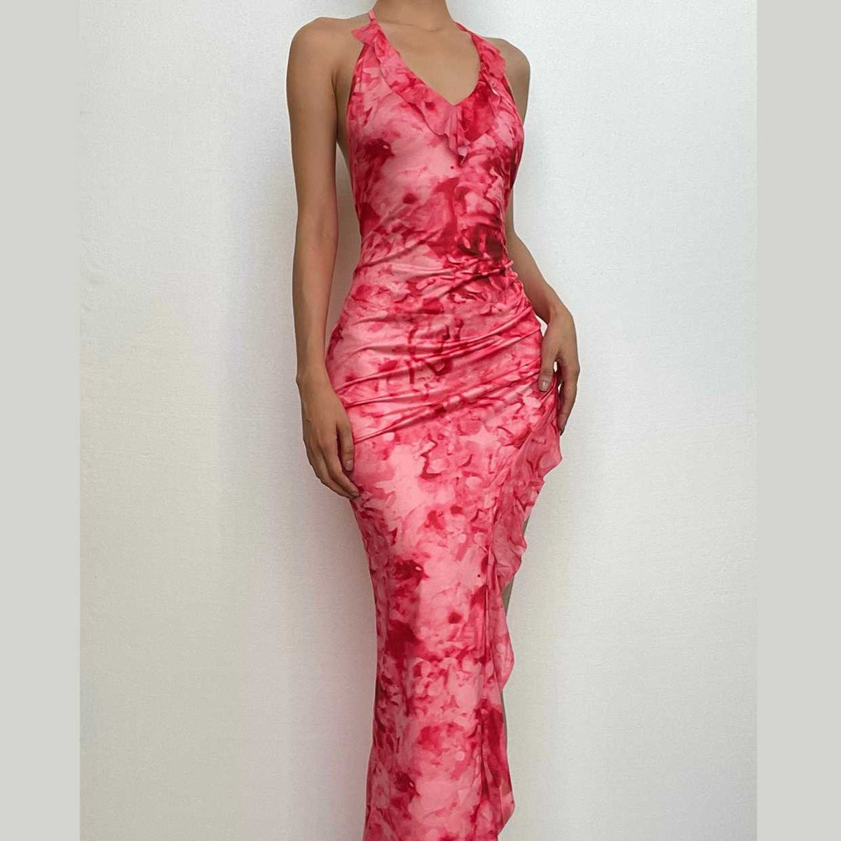 Halter Neck Ruched Watercolor Print Ruffle Trim Side Slit Maxi Dress