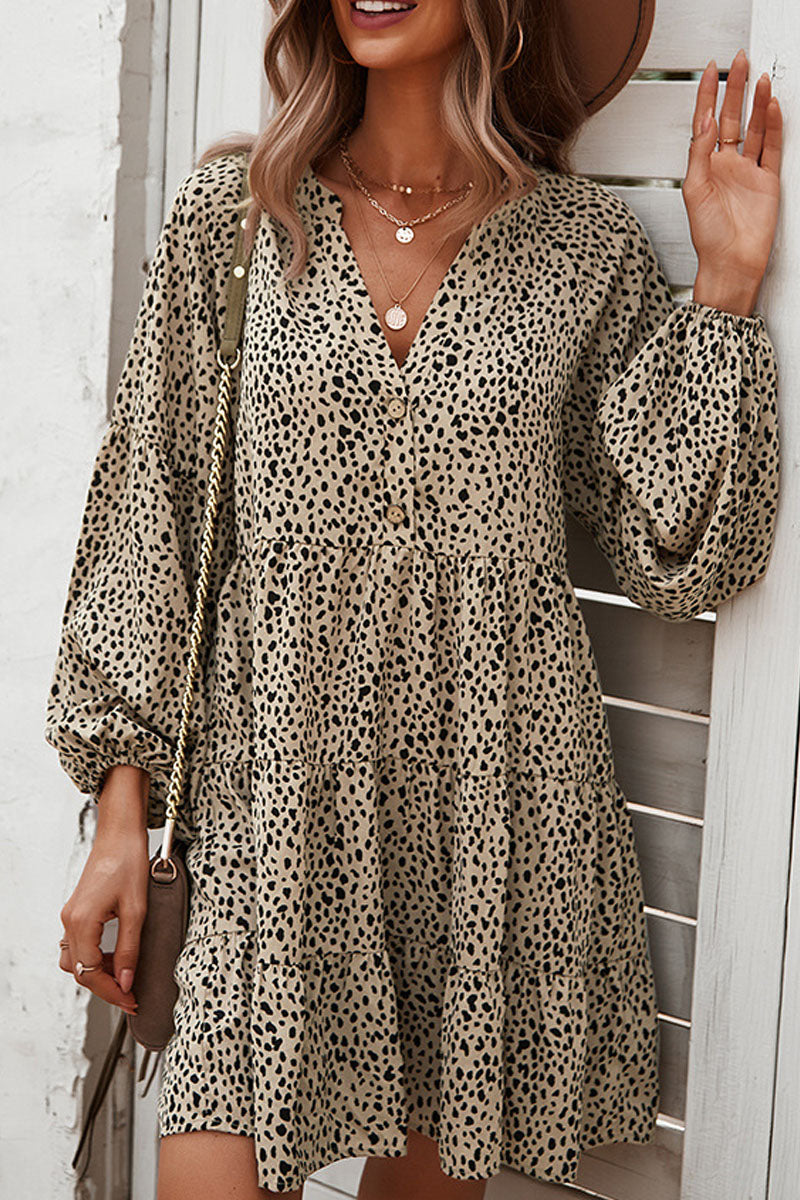 V Neck Leopard Print Button Design Loose Mini Dress