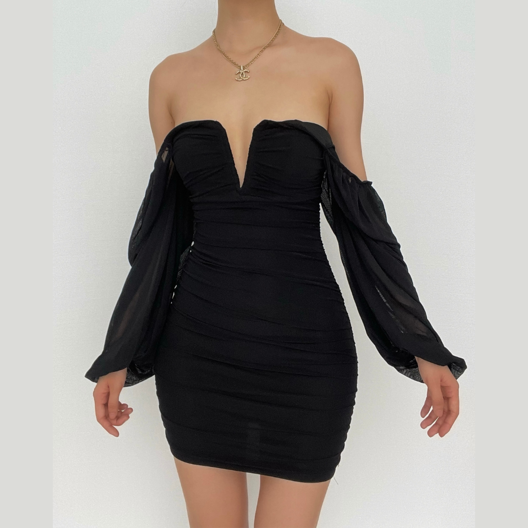 Strapless V-Notch Off Shoulder Puff Sleeve Ruched Mesh Mini Dress 4
