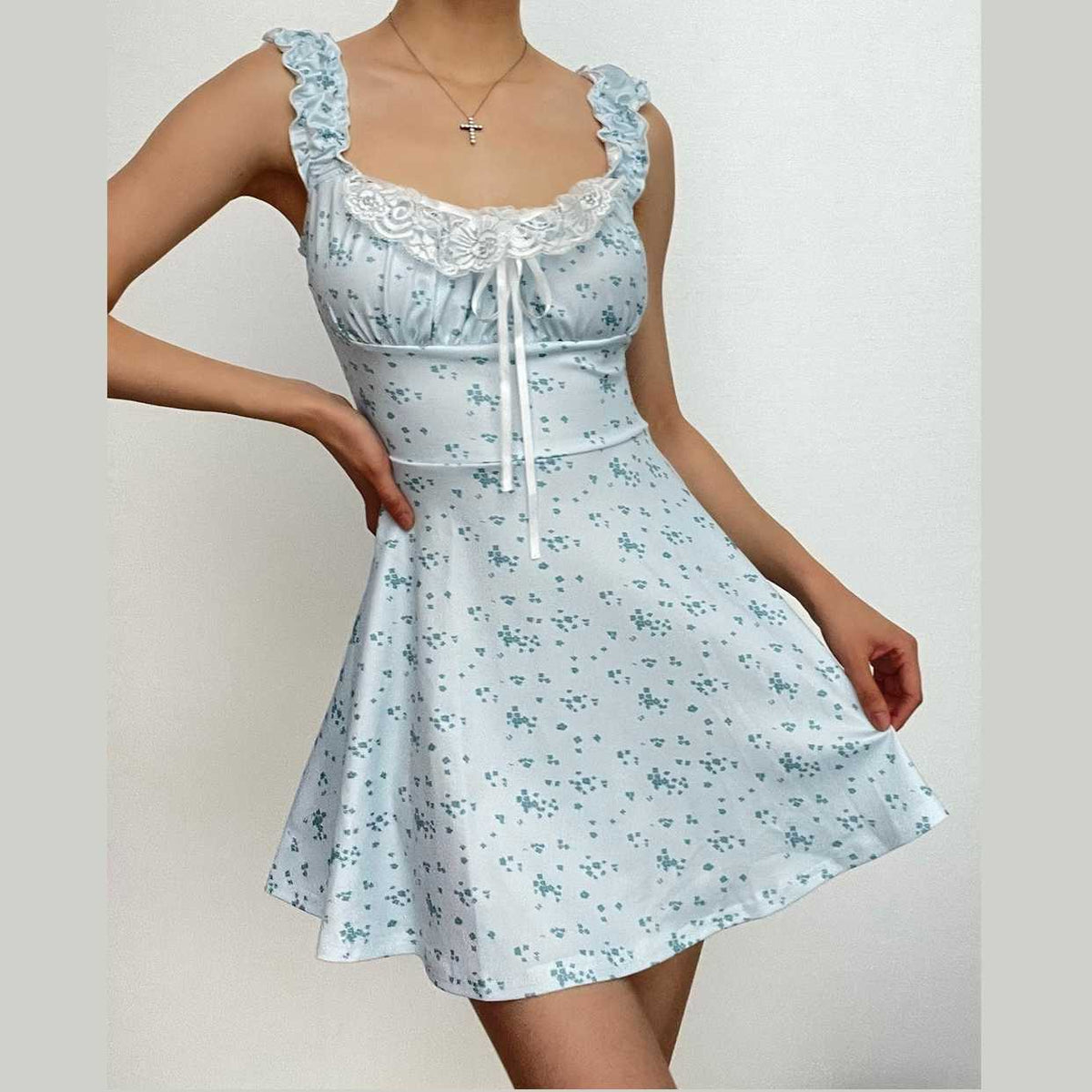 Square Neck Lace Trim Ribbon Bow Ruffle Strap Ditsy Floral Mini Dress