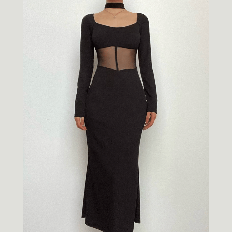 Mesh Patchwork Square Neck Long Sleeve Midi Dress