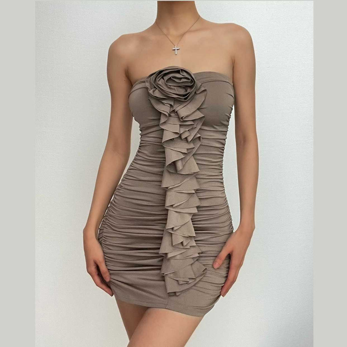 Strapless Rosette Applique Center Ruffle Column Ruched Mini Dress