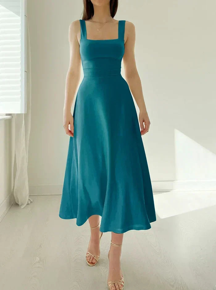Square Neck Wide Strap A-Line Midi Dress 2