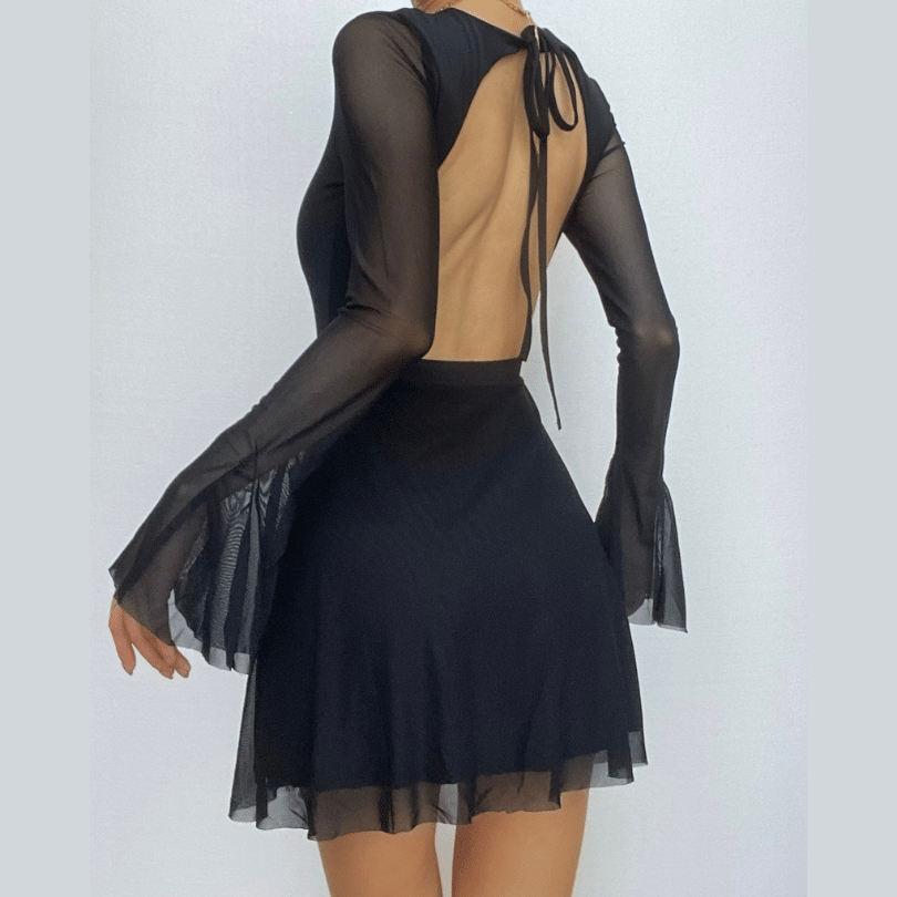 Tie Back Mesh Long Sleeve Bell Cuff Flared Overlay Bodycon Mini Dress